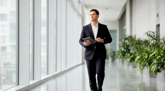 Gestionnaire immobilier traversant le hall lumineux d'un immeuble de bureaux moderne