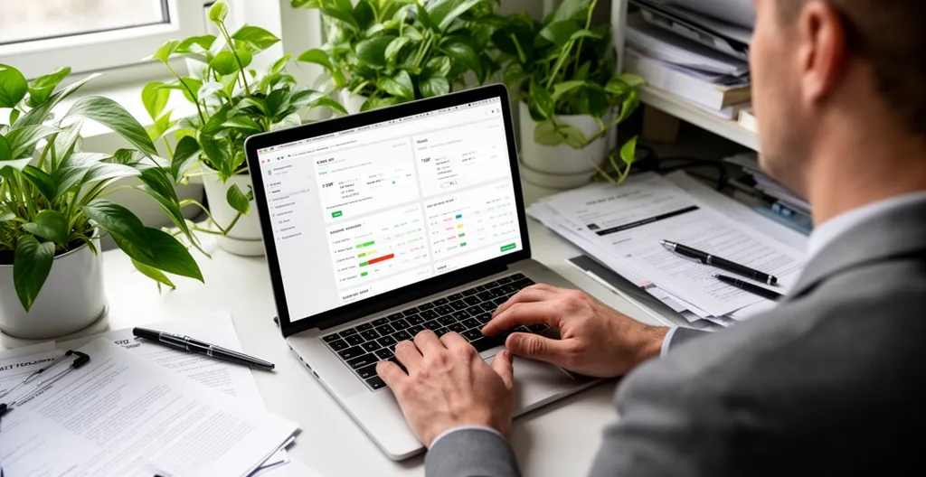 Propriétaire consultant des tableaux de bord de gestion sur écran d'ordinateur
