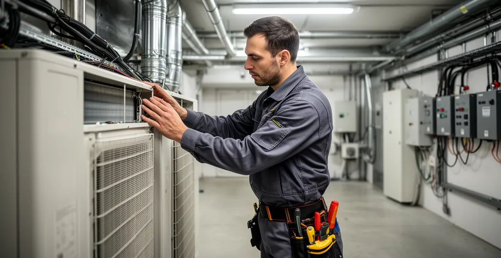 Technicien de maintenance inspectant une installation technique dans un local professionnel