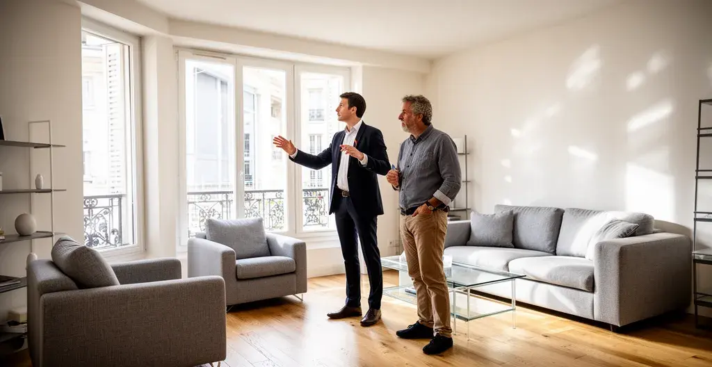 Agent immobilier et propriétaire lors d'une visite d'estimation dans un salon lumineux