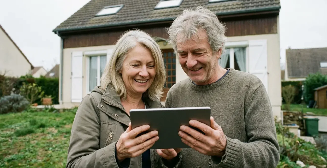 Couple consultant une estimation immobilière sur tablette devant leur maison