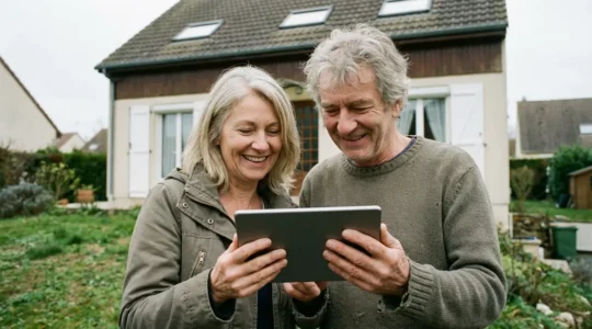 Couple consultant une estimation immobilière sur tablette devant leur maison
