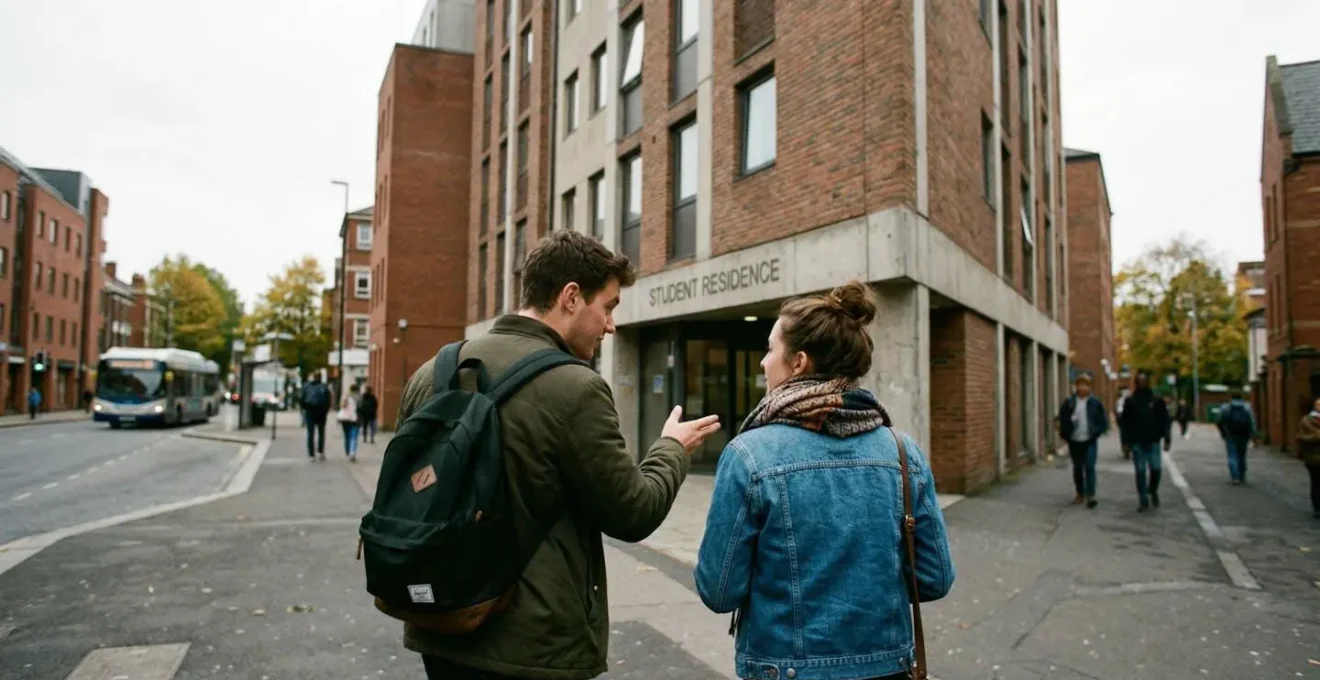 Couple vu de dos observant la façade d'un immeuble de résidence étudiante en milieu urbain, attitude de discussion
