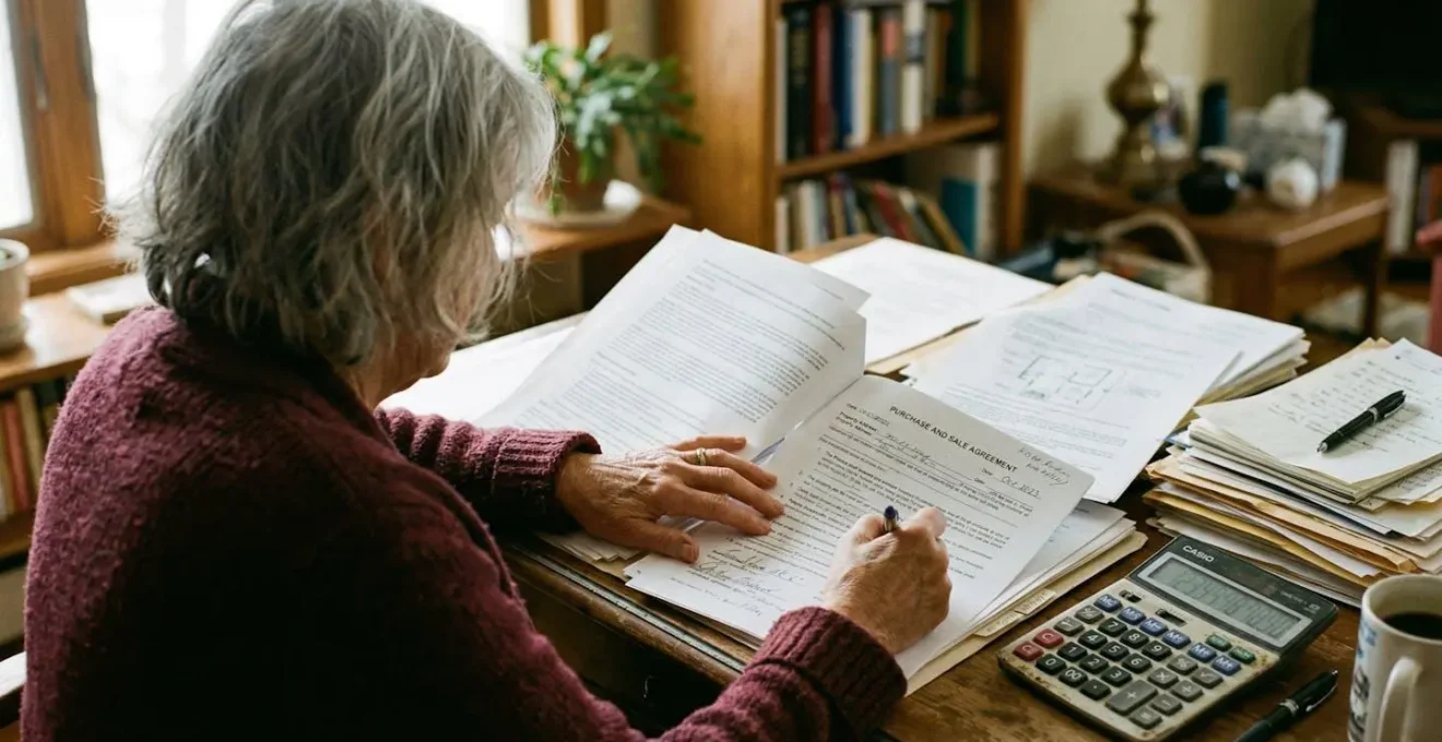 Une personne d'âge mûr consulte des documents immobiliers à son bureau à domicile, expression concentrée, pile de papiers et calculatrice visibles