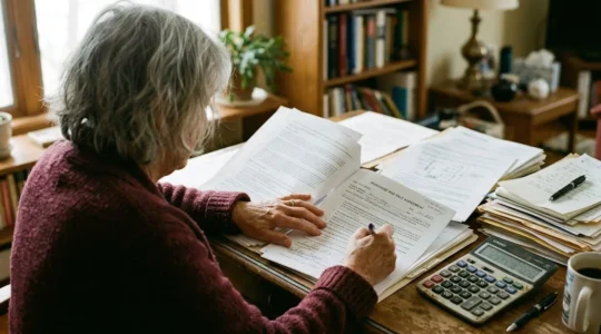 Une personne d'âge mûr consulte des documents immobiliers à son bureau à domicile, expression concentrée, pile de papiers et calculatrice visibles