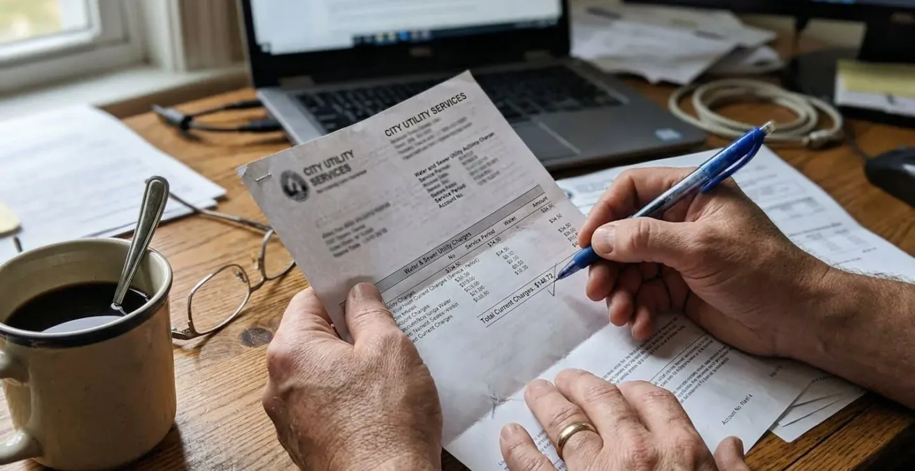 Mains tenant un stylo au-dessus d'une facture de charges, avec tasse de café et lunettes posées à côté sur un bureau